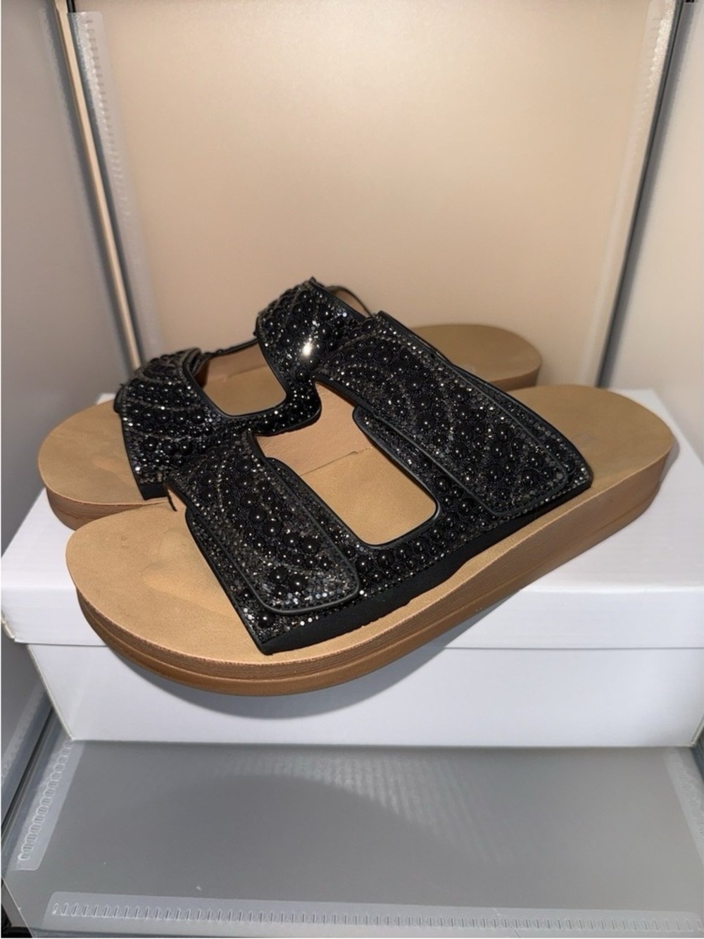 Forever Link Black Rhinestones Double Buckle Strap Platform Sandals Size 7.5